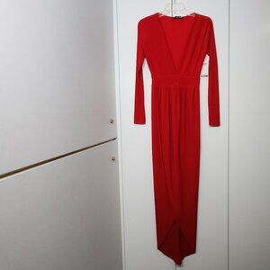 Babe Society Irene Red Long Sleeve Maxi Dress Plunging Neckline Size S